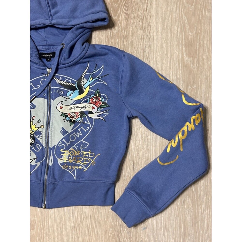Ed Hardy Free Bird Cropped Zip Up Graphic Front and Back Hoodie sz Medium - Picture 4 of 8
